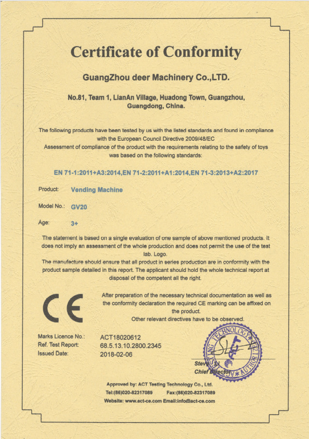 Çin Guangzhou Deer Machinery Co., Ltd. Sertifikalar