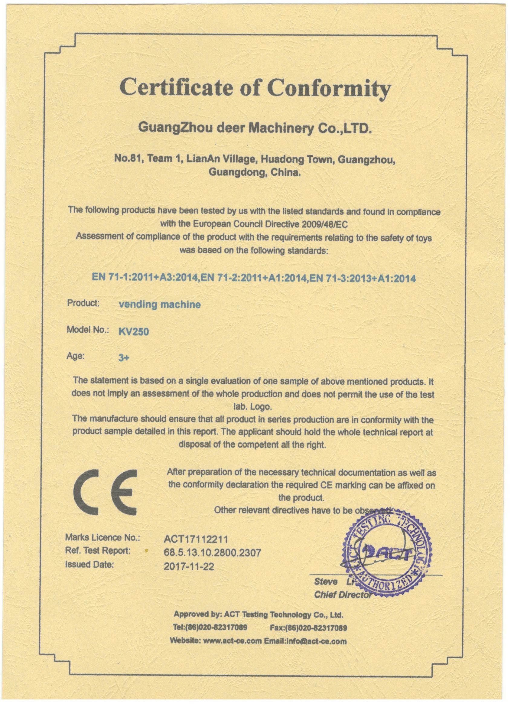 Çin Guangzhou Deer Machinery Co., Ltd. Sertifikalar